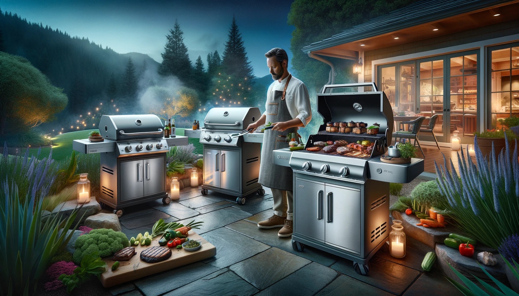 A stunning, high-resolution image capturing the essence of outdoor grilling in a backyard setting.