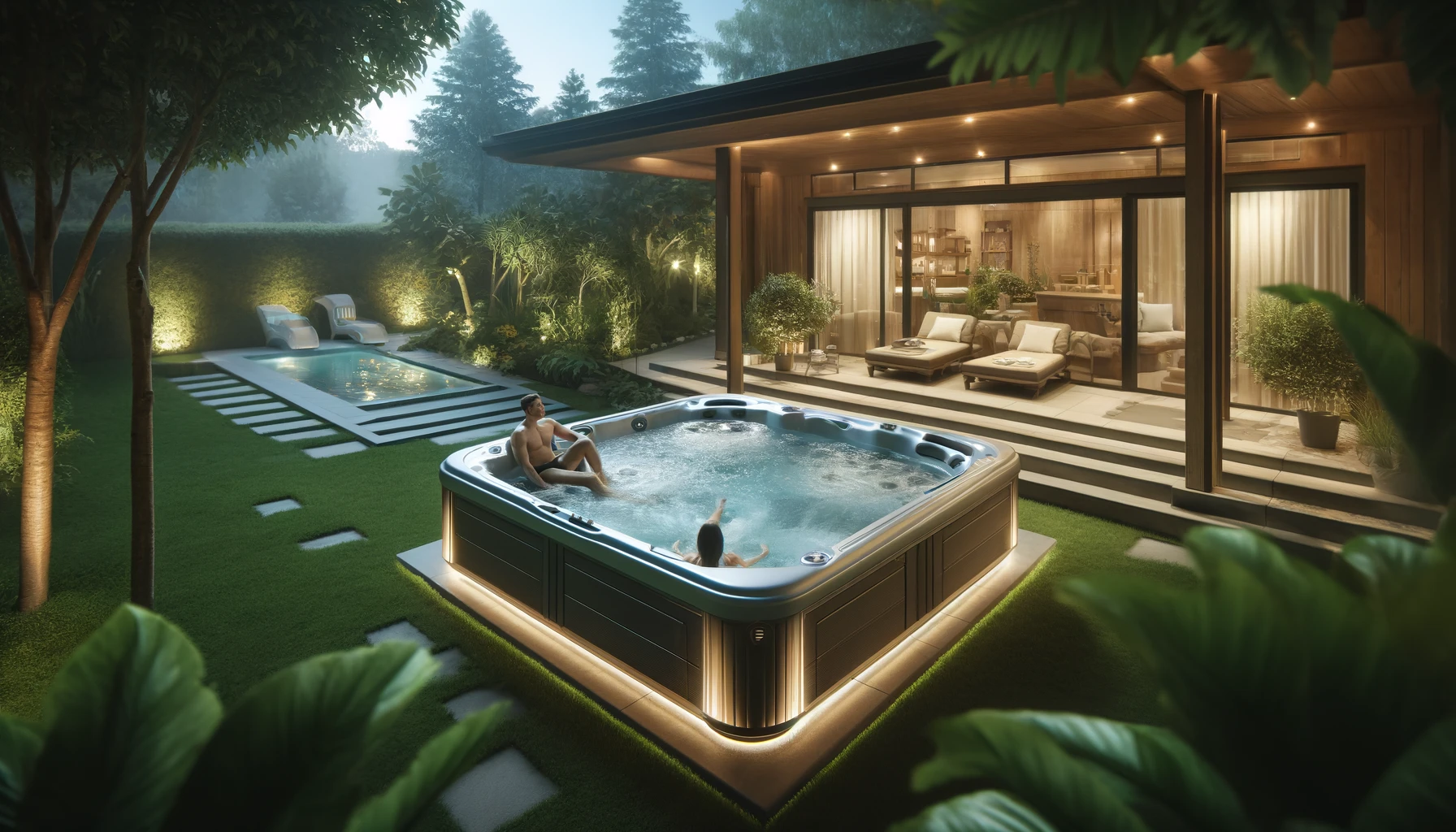 A luxurious backyard setting featuring a Beachcomber hot tub. The scene shows the hot tub on a beautifully landscaped patio with lush greenery around