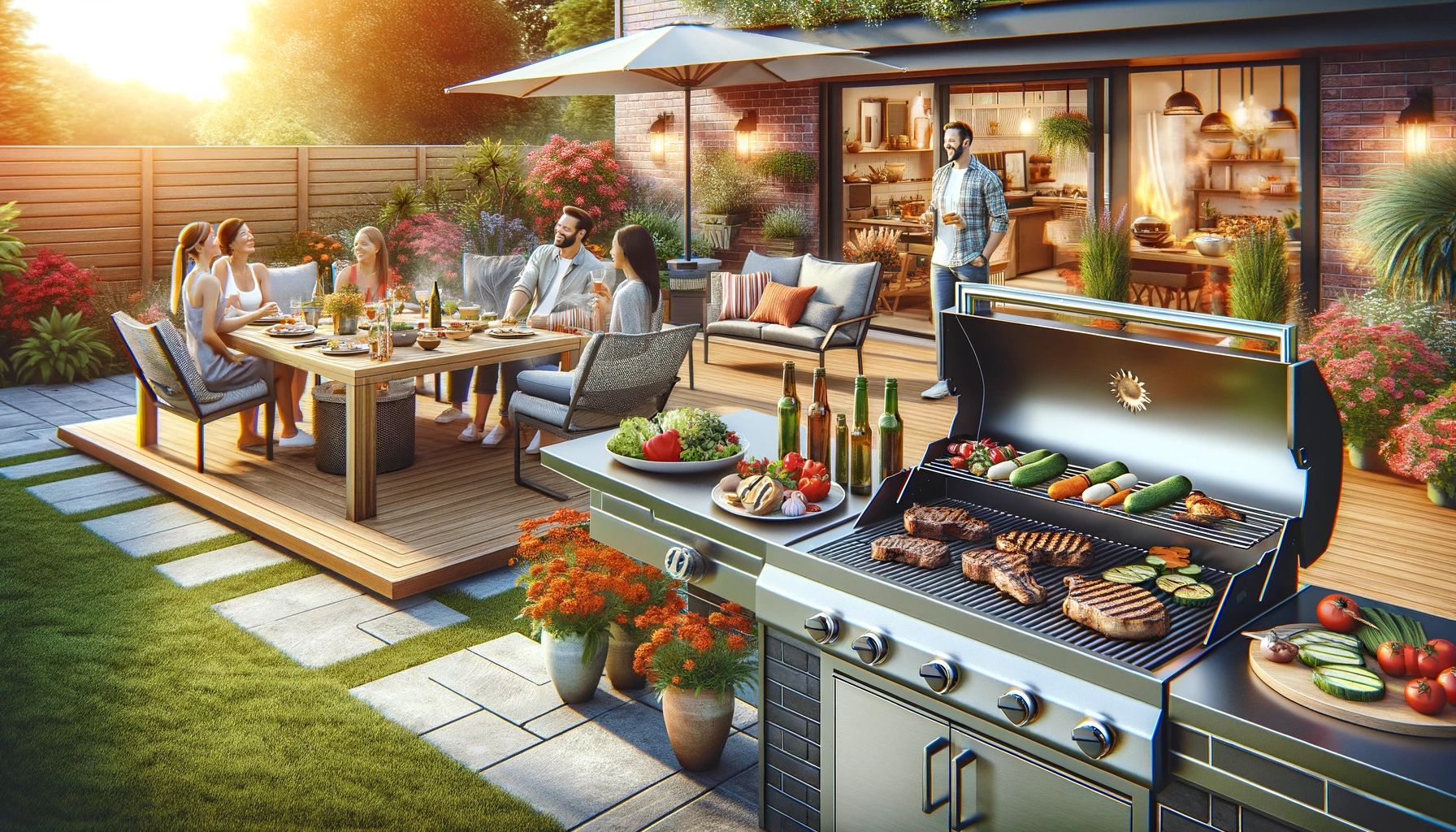 A backyard summer barbecue scene featuring a stylish modern outdoor kitchen with a high-end grill.